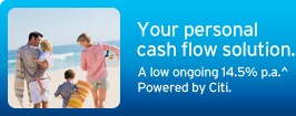 Your personal cash flow solution. A low ongoing 14.5% p.a.^ Powered by Citi. Your personal cash flow solution. A low ongoing 14.5% p.a.^ Powered by Citi.